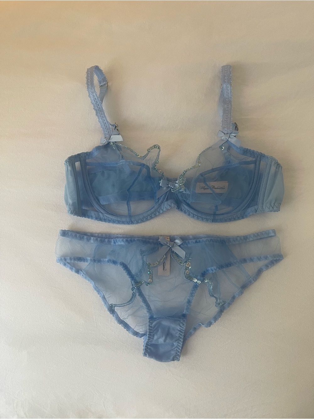 Agent Provocateur Sheer Sky Blue Lace Underwire Bra & Bikini Set